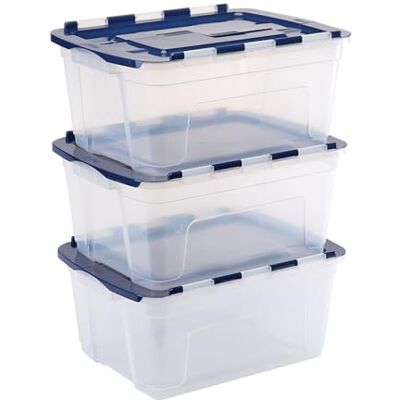 Bankers Box Cajas de almacenamiento de plástico 45L, Pack de 3, polipropileno sin BPA, tapas 100% recicladas, apilables y encajables, tapa con dos aberturas, 28x43x59cm, para el hogar y la oficina Bankers Box Cajas de almacenamiento de plástico 45L, Pack de 3, polipropileno sin BPA, tapas 100% recicladas, apilables y encajables, tapa con dos aberturas, 28x43x59cm, para el hogar y la oficina