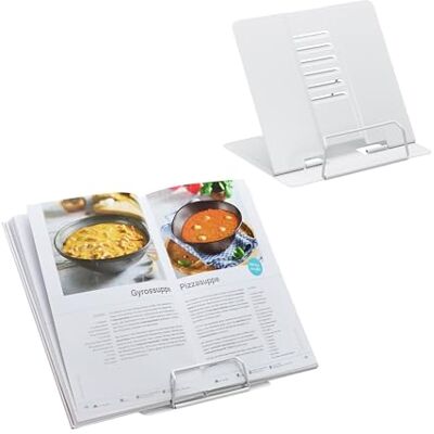 Relaxdays Atril para Libros, Set 2, Soporte Recetas, Ajustable 6 Niveles, Sujetalibros con Pinza, Cocina, Acero, Blanco Relaxdays Atril para Libros, Set 2, Soporte Recetas, Ajustable 6 Niveles, Sujetalibros con Pinza, Cocina, Acero, Blanco