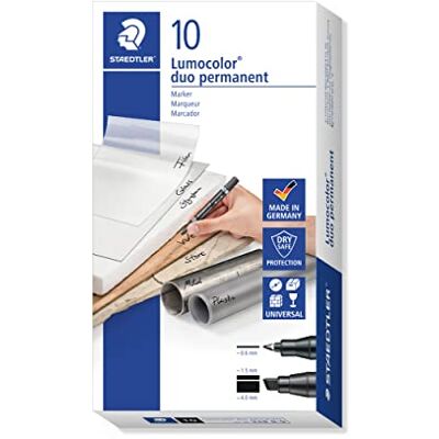STAEDTLER Lumocolor duo permanent 348 B-9 Rotulador permanente de doble punta: punta F de 0,6 mm y punta M biselada de 1,5-4 mm color negro. Caja de cartón con 10 rotuladores STAEDTLER Lumocolor duo permanent 348 B-9 Rotulador permanente de doble punta: punta F de 0,6 mm y punta M biselada de 1,5-4 mm color negro. Caja de cartón con 10 rotuladores
