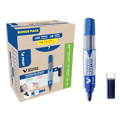 PILOT Caja de 10 V-Board Master + 10 Recambios Rotuladores para pizarra blanca borrables en seco Tinta líquida intensa Recargables Azul Punta Media PILOT Caja de 10 V-Board Master + 10 Recambios Rotuladores para pizarra blanca borrables en seco Tinta líquida intensa Recargables Azul Punta Media