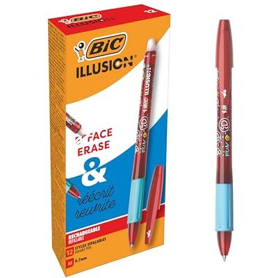 BIC Illusion Bolígrafos Borrables y Recargables de Punta Media (0,7 mm) Tinta Roja, Caja de 12 BIC Illusion Bolígrafos Borrables y Recargables de Punta Media (0,7 mm) Tinta Roja, Caja de 12