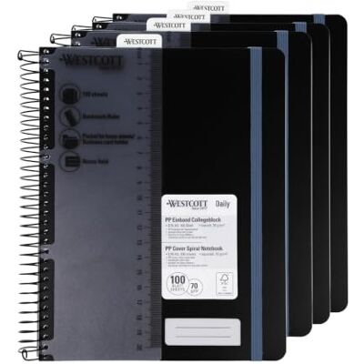 Westcott Cuaderno espiral PP A5 cuadriculado Negro (Pack de 4) Cuaderno espiral A5 cubierta PP 70 g/m², FSC-Mix (FSC® C189289), 200 p., campo nombre, marcapáginas/regla Westcott Cuaderno espiral PP A5 cuadriculado Negro (Pack de 4) Cuaderno espiral A5 cubierta PP 70 g/m², FSC-Mix (FSC® C189289), 200 p., campo nombre, marcapáginas/regla