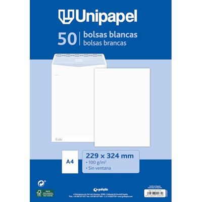 Unipapel Sobres Papel Blancos 100g, 229x324mm, 50 Unidades, Tipo Bolsa, Tira Autoadhesiva Silicona Autodesk, Apertura Superior, FSC, Documentos A4 Sin Pliegues Unipapel Sobres Papel Blancos 100g, 229x324mm, 50 Unidades, Tipo Bolsa, Tira Autoadhesiva Silicona Autodesk, Apertura Superior, FSC, Documentos A4 Sin Pliegues