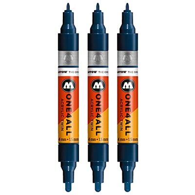 Molotow One4All Rotuladores acrílicos Twin (grosor de trazo de 1,5 mm y 4 mm, altamente opacos y permanentes), 3 unidades, color azul 027 Molotow One4All Rotuladores acrílicos Twin (grosor de trazo de 1,5 mm y 4 mm, altamente opacos y permanentes), 3 unidades, color azul 027