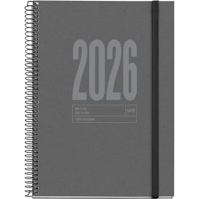 Miquelrius Agenda 2026 día por página sostenible, Similar A5+ (155 x 213 mm), Planificación diaria, Cubierta reciclada cartón forrado, Papel reciclado 100 g/m², Cierre goma, Español-EN-PT, Grafito Miquelrius Agenda 2026 día por página sostenible, Similar A5+ (155 x 213 mm), Planificación diaria, Cubierta reciclada cartón forrado, Papel reciclado 100 g/m², Cierre goma, Español-EN-PT, Grafito