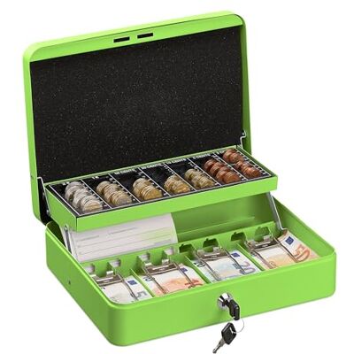 Relaxdays Caja Dinero con Llave, Bandeja Monedas y 4 Espacios Billetes, Cajita Hierro, 8,5x30,5x24,5 cm, Verde Relaxdays Caja Dinero con Llave, Bandeja Monedas y 4 Espacios Billetes, Cajita Hierro, 8,5x30,5x24,5 cm, Verde