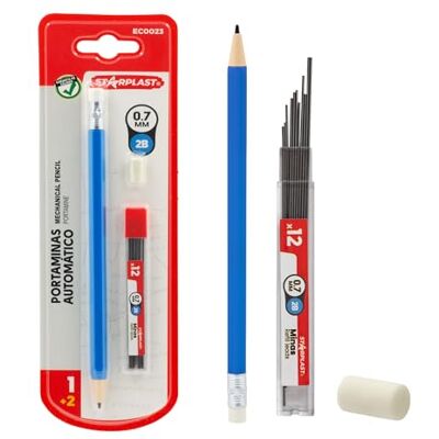 Starplast Portaminas Automático con 12 Minas Grafito 0.7 2B y Goma Borrar 4 Colores, forma lápiz, dureza, escolar, Recambios, escritura, dibujo, original, novedad AZUL Starplast Portaminas Automático con 12 Minas Grafito 0.7 2B y Goma Borrar 4 Colores, forma lápiz, dureza, escolar, Recambios, escritura, dibujo, original, novedad AZUL