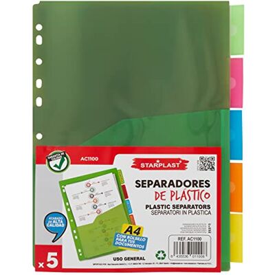 Starplast Pack 5 Separadores Flúor Para Carpeta o Archivador 2-4 Anillas, Organizadores, Polipropileno, Índice, Multitaladro, Clasificador, Bolsillo Interior, uso Escolar o de Oficina. Starplast Pack 5 Separadores Flúor Para Carpeta o Archivador 2-4 Anillas, Organizadores, Polipropileno, Índice, Multitaladro, Clasificador, Bolsillo Interior, uso Escolar o de Oficina.