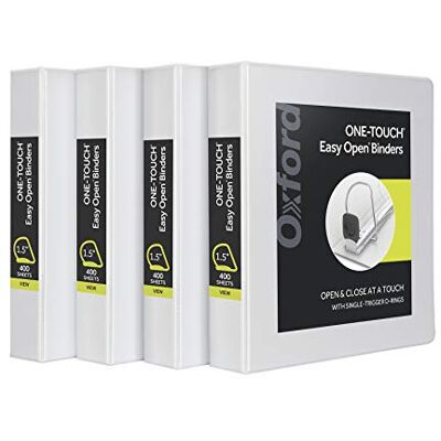 Oxford Carpetas de 3 anillas, anillos en D de 1.5 pulgadas de fácil apertura, cubiertas de carpeta de vista de 3 lados, bisagra Xtralife, antiadherente, sin PVC, blanco, capacidad de 375 hojas, Oxford Carpetas de 3 anillas, anillos en D de 1.5 pulgadas de fácil apertura, cubiertas de carpeta de vista de 3 lados, bisagra Xtralife, antiadherente, sin PVC, blanco, capacidad de 375 hojas,