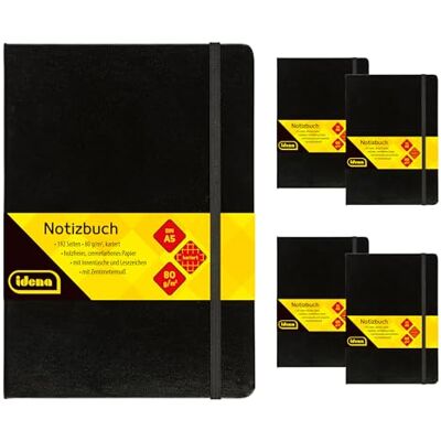 Idena 90445 Cuaderno A5 cuadriculado, 5 unidades, 192 hojas de 80 g/m² en color crema, con bolsillo interior, goma elástica y marcapáginas, tapa dura en negro Idena 90445 Cuaderno A5 cuadriculado, 5 unidades, 192 hojas de 80 g/m² en color crema, con bolsillo interior, goma elástica y marcapáginas, tapa dura en negro