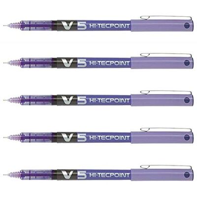 PILOT Hi-Tecpoint V5 Lote de 5 bolígrafos roller (tinta líquida, punta fina, color morado PILOT Hi-Tecpoint V5 Lote de 5 bolígrafos roller (tinta líquida, punta fina, color morado
