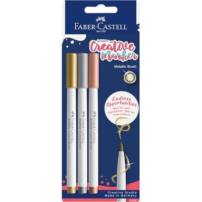 Faber-Castell Goldfaber Juego de 3 rotuladores creativos, punta de pincel, colores metálicos, dibujo, letras creativas, bocetos, bricolaje, reciclaje, para muchos proyectos de arte creativos Faber-Castell Goldfaber Juego de 3 rotuladores creativos, punta de pincel, colores metálicos, dibujo, letras creativas, bocetos, bricolaje, reciclaje, para muchos proyectos de arte creativos
