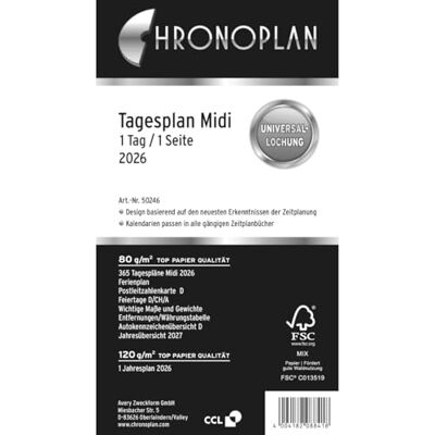 Chronoplan Recambio para agenda 2026 (agenda media (96 x 172 mm), calendario de repuesto para agenda, planificador diario, ideal para planificación diaria detallada, 1 día en 1 página, con Chronoplan Recambio para agenda 2026 (agenda media (96 x 172 mm), calendario de repuesto para agenda, planificador diario, ideal para planificación diaria detallada, 1 día en 1 página, con