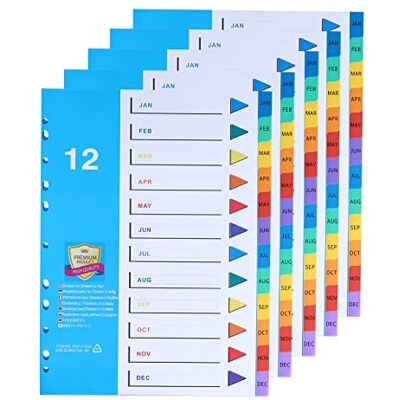 DONGLI 5 unidades Divisores de Archivos A4,Número Jan-Dec Separadores Archivadorcon 11 Agujeros y Pestañas Multicolor para La Oficina Doméstica DONGLI 5 unidades Divisores de Archivos A4,Número Jan-Dec Separadores Archivadorcon 11 Agujeros y Pestañas Multicolor para La Oficina Doméstica