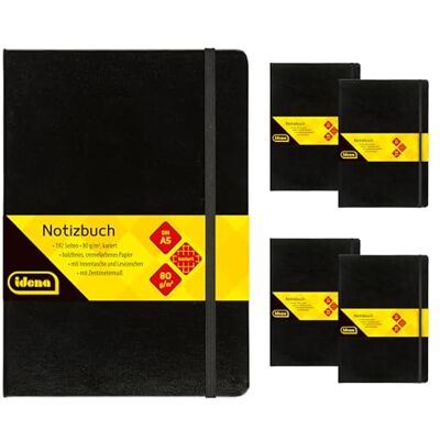 Idena 90447 Cuaderno A4 cuadriculado, 5 unidades, 192 hojas de 80 g/m² en color crema, con bolsillo interior, goma elástica y marcapáginas, tapa dura en negro Idena 90447 Cuaderno A4 cuadriculado, 5 unidades, 192 hojas de 80 g/m² en color crema, con bolsillo interior, goma elástica y marcapáginas, tapa dura en negro