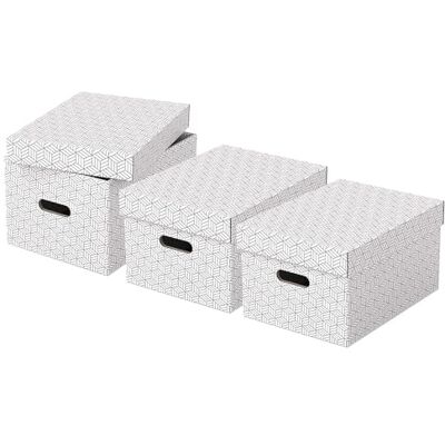 Esselte Caja Mediana de Cartón para Almacenaje y Regalos con Tapa, Pack de 3, Almacenaje y Organización para la Oficina y Casa, 100% Cartón Reciclado y Reciclable, Diseño Geométrico, Blanco, Esselte Caja Mediana de Cartón para Almacenaje y Regalos con Tapa, Pack de 3, Almacenaje y Organización para la Oficina y Casa, 100% Cartón Reciclado y Reciclable, Diseño Geométrico, Blanco,