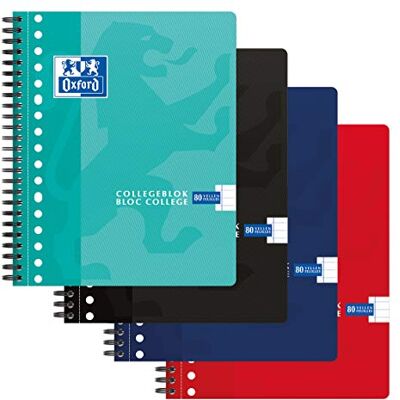 Oxford Bloc de notas universitario, A5, rayado, 80 hojas, 17 agujeros, paquete de 5 unidades, 4 colores Oxford Bloc de notas universitario, A5, rayado, 80 hojas, 17 agujeros, paquete de 5 unidades, 4 colores