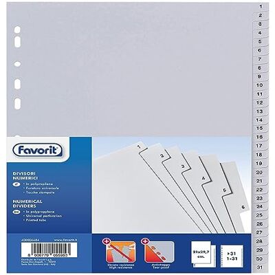 Favorit Caja de 15 divisores de perforación universal para carpetas de anillas con 31 muescas numéricas (de 1 a 31), tamaño interior A4, de polipropileno (material plástico no tóxico) Favorit Caja de 15 divisores de perforación universal para carpetas de anillas con 31 muescas numéricas (de 1 a 31), tamaño interior A4, de polipropileno (material plástico no tóxico)