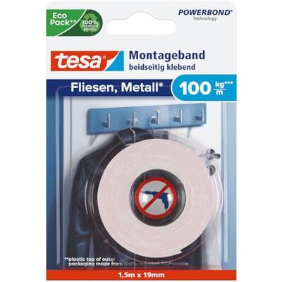 tesa Powerbond cinta de montaje para azulejos y metal Extra fuerte, con hasta 100 kg de fuerza de sujeción por metro cinta de montaje de doble cara para superficies lisas 1.5 m x 19 mm tesa Powerbond cinta de montaje para azulejos y metal Extra fuerte, con hasta 100 kg de fuerza de sujeción por metro cinta de montaje de doble cara para superficies lisas 1.5 m x 19 mm