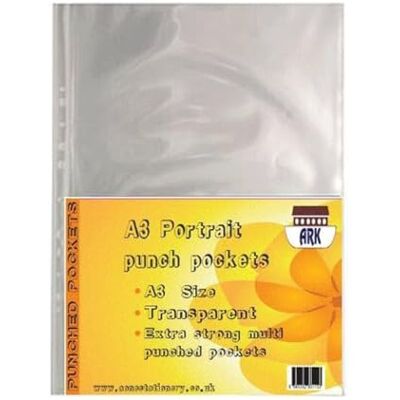ARK 30 x A3 plástico transparente 90 micras fuertes bolsillos perforados (vertical) ARK 30 x A3 plástico transparente 90 micras fuertes bolsillos perforados (vertical)