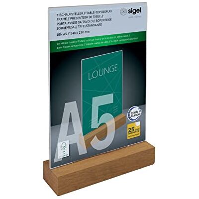 Sigel Expositor de mesa vertical, acrílico, con base de madera de roble, para A5 Sigel Expositor de mesa vertical, acrílico, con base de madera de roble, para A5
