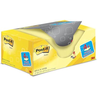 Post-It Notas, Canary Yellow, 16 Blocs + 4 GRATIS, 38 mm x 51 mm, 100 Hojas/Bloc, Color Amarillo Notas Adhesivas para Listas de Tareas y Recordatorios Post-It Notas, Canary Yellow, 16 Blocs + 4 GRATIS, 38 mm x 51 mm, 100 Hojas/Bloc, Color Amarillo Notas Adhesivas para Listas de Tareas y Recordatorios