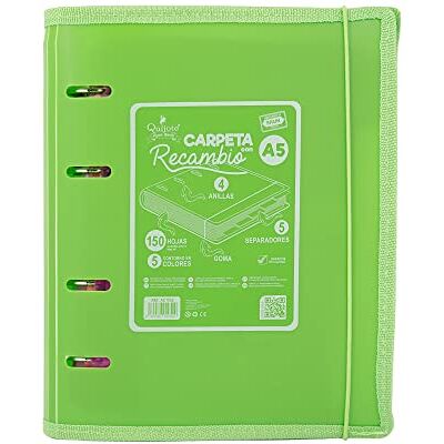 Starplast CARPETAS 4 ANILLAS A5 7 Colores, tamaño A5, con cierre elástico, borde reforzado, 150hojas 5x5mm de colores + 5 separadores VERDE Starplast CARPETAS 4 ANILLAS A5 7 Colores, tamaño A5, con cierre elástico, borde reforzado, 150hojas 5x5mm de colores + 5 separadores VERDE