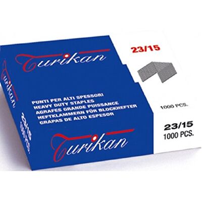 Turikan Grapas metálicas 23/15 para altos espesores, paquete de 1000 unidades. Turikan Grapas metálicas 23/15 para altos espesores, paquete de 1000 unidades.