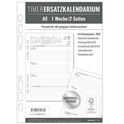 Alpha Calendario de repuesto con temporizador, A5 2022, calendario de oficina, calendario de libro A5 (15 x 21 cm), perforación universal, 1 semana en 2 páginas, 128 páginas, edición alfa: 1 semana en 2 Alpha Calendario de repuesto con temporizador, A5 2022, calendario de oficina, calendario de libro A5 (15 x 21 cm), perforación universal, 1 semana en 2 páginas, 128 páginas, edición alfa: 1 semana en 2