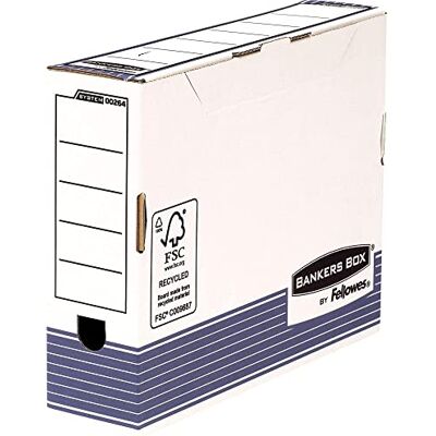 Bankers Box Fellowes Caja de archivo definitivo automático, A4, 80 mm, 10 unidades, color blanco y azul Bankers Box Fellowes Caja de archivo definitivo automático, A4, 80 mm, 10 unidades, color blanco y azul