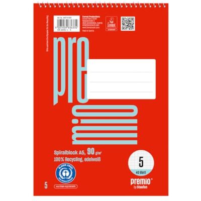 Staufen premio bloc espiral 5 blocs universitarios de 40 hojas cada uno, DIN A5, cuadriculado de 5 mm, papel reciclado de 90 g/m² Staufen premio bloc espiral 5 blocs universitarios de 40 hojas cada uno, DIN A5, cuadriculado de 5 mm, papel reciclado de 90 g/m²