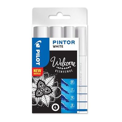PILOT Caja de 4 Pintor Rotuladores al Agua Multisuperficie de Secado Rápido Textil, Vidrio, Madera, Piedra, Bricolaje Blanco Punta Extra Fina, Fina, Media y Ancha PILOT Caja de 4 Pintor Rotuladores al Agua Multisuperficie de Secado Rápido Textil, Vidrio, Madera, Piedra, Bricolaje Blanco Punta Extra Fina, Fina, Media y Ancha