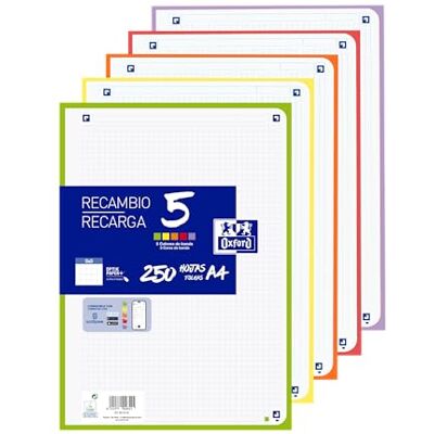Oxford Hojas Cuadriculadas A4 Perforadas, Recambio Archivador, 250 Hojas, Cuadrícula 5x5, 5 Colores Vivos de Banda Oxford Hojas Cuadriculadas A4 Perforadas, Recambio Archivador, 250 Hojas, Cuadrícula 5x5, 5 Colores Vivos de Banda
