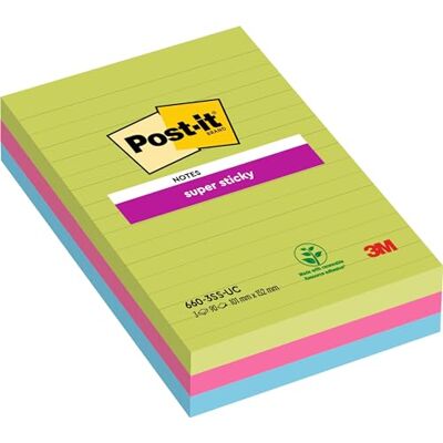 Post-It Super Sticky Notas Grandes, Colores Surtidos, Con Líneas, 3 Blocs, 90 Hojas por Bloc, 101 mm x 152 mm Notas Extra Adhesivas para Listas de Tareas y Recordatorios Post-It Super Sticky Notas Grandes, Colores Surtidos, Con Líneas, 3 Blocs, 90 Hojas por Bloc, 101 mm x 152 mm Notas Extra Adhesivas para Listas de Tareas y Recordatorios