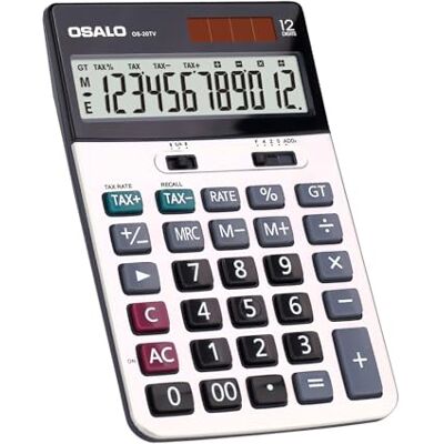 OSALO Calculadora de escritorio con pantalla grande de 12 dígitos con función fiscal, calculadora financiera de oficina de negocios, color gris (OS-20TV) OSALO Calculadora de escritorio con pantalla grande de 12 dígitos con función fiscal, calculadora financiera de oficina de negocios, color gris (OS-20TV)