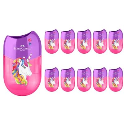 Faber-Castell Sacapuntas doble unicornio, 10 sacapuntas con contenedor para lápices gruesos y finos Faber-Castell Sacapuntas doble unicornio, 10 sacapuntas con contenedor para lápices gruesos y finos