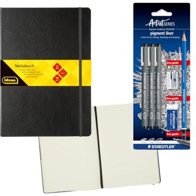 Idena 90341 – Cuaderno DIN A4 con 192 páginas, a rayas, incluye set Staedtler Artist con 3 revestimientos de pigmentos, un lápiz, sacapuntas y goma de borrar Idena 90341 – Cuaderno DIN A4 con 192 páginas, a rayas, incluye set Staedtler Artist con 3 revestimientos de pigmentos, un lápiz, sacapuntas y goma de borrar