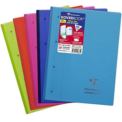 Clairefontaine Bloc de cursos Koverbook (160 páginas desmontables y perforadas, 4 agujeros, 22,3 x 29,6 cm, 90 g, líneas con margen, tapa de polipropileno), color aleatorio Clairefontaine Bloc de cursos Koverbook (160 páginas desmontables y perforadas, 4 agujeros, 22,3 x 29,6 cm, 90 g, líneas con margen, tapa de polipropileno), color aleatorio