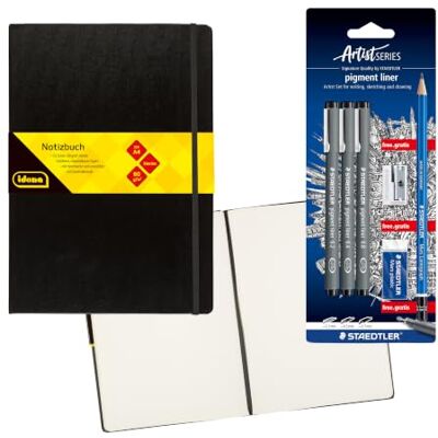 Idena 90338 Cuaderno DIN A4 con 192 páginas en blanco, incl. STAEDTLER Artist Set con 3 rotuladores pigmentados, un lápiz, sacapuntas y goma de borrar Idena 90338 Cuaderno DIN A4 con 192 páginas en blanco, incl. STAEDTLER Artist Set con 3 rotuladores pigmentados, un lápiz, sacapuntas y goma de borrar
