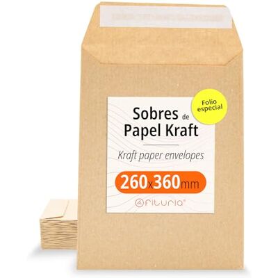 OFITURIA Sobres de Papel Kraft, Sobres para Documentos, Regalos, Invitaciones Boda y Envíos, Bolsas de Papel Resistentes, Versátiles para Todas las Ocasiones, Folio Especial (260x360, 500 uds) OFITURIA Sobres de Papel Kraft, Sobres para Documentos, Regalos, Invitaciones Boda y Envíos, Bolsas de Papel Resistentes, Versátiles para Todas las Ocasiones, Folio Especial (260x360, 500 uds)
