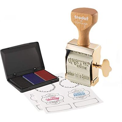 Trodat Juego de 6 diseños de impresión vintage para ocasiones especiales – 6 diseños de impresión, alemán, sello creativo en aspecto vintage, incluye almohadilla de tinta en rojo, azul, negro, 30 x 5 Trodat Juego de 6 diseños de impresión vintage para ocasiones especiales – 6 diseños de impresión, alemán, sello creativo en aspecto vintage, incluye almohadilla de tinta en rojo, azul, negro, 30 x 5