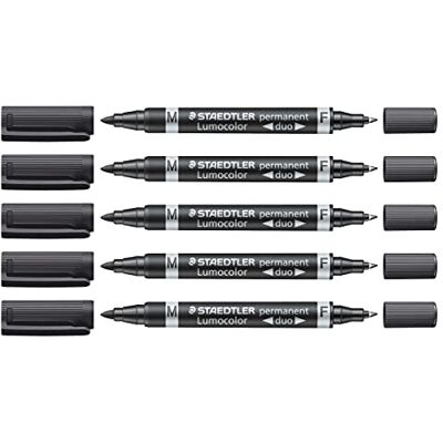 STAEDTLER Lumocolor Permanent Duo Permanent Marker, Rotulador con Punta Fina y Mediana, Resistente A Las Manchas y Al Agua, de Secado Rápido, Recargable, de Larga Duración, 5 Rotuladores Negros STAEDTLER Lumocolor Permanent Duo Permanent Marker, Rotulador con Punta Fina y Mediana, Resistente A Las Manchas y Al Agua, de Secado Rápido, Recargable, de Larga Duración, 5 Rotuladores Negros