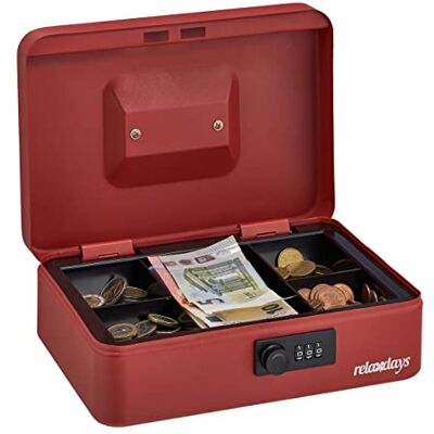 Relaxdays Caja Dinero, Combinación Números 3 Cifras, Acero, Cajita para Monedas y Billetes, 8,5 x 25 x 19 cm, Rojo Relaxdays Caja Dinero, Combinación Números 3 Cifras, Acero, Cajita para Monedas y Billetes, 8,5 x 25 x 19 cm, Rojo