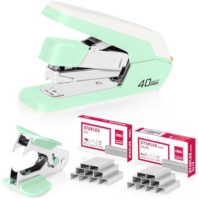 deli Grapadora de escritorio sin esfuerzo, grapadora resistente, capacidad de 40-50 hojas, un dedo, sin esfuerzo, incluye grapas y removedor de grapas, verde deli Grapadora de escritorio sin esfuerzo, grapadora resistente, capacidad de 40-50 hojas, un dedo, sin esfuerzo, incluye grapas y removedor de grapas, verde