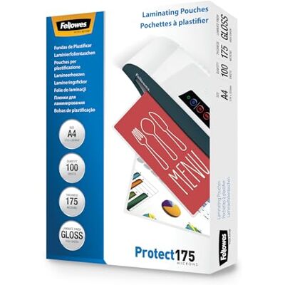 Fellowes Fundas de Plastificar A4, acabado brillo, 100 hojas, 350 micras (2 x 175 micras), acabado de calidad, adecuadas para fotos, avisos, creatividades, certificados y menús Fellowes Fundas de Plastificar A4, acabado brillo, 100 hojas, 350 micras (2 x 175 micras), acabado de calidad, adecuadas para fotos, avisos, creatividades, certificados y menús