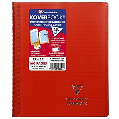 Clairefontaine Cuaderno de espiral Koverbook rojo, 17 x 22 cm, 160 páginas a rayas con margen, papel blanco 90 g, cubierta de poliuretano Clairefontaine Cuaderno de espiral Koverbook rojo, 17 x 22 cm, 160 páginas a rayas con margen, papel blanco 90 g, cubierta de poliuretano