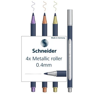 Schneider Juego de 4 bolígrafos metálicos, grosor de trazo de 0,4 mm, tinta metálica alta, carcasa de plástico de base biológica del 88%, colores surtidos, oro, plata, cobre, violeta Schneider Juego de 4 bolígrafos metálicos, grosor de trazo de 0,4 mm, tinta metálica alta, carcasa de plástico de base biológica del 88%, colores surtidos, oro, plata, cobre, violeta