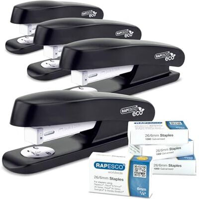 Rapesco Confección Business: 4 Grapadoras de Media Tira ECO y 4 Cajas de 1000 Grapas 26/6 mm, Capacidad para 20 Hojas, Negro Rapesco Confección Business: 4 Grapadoras de Media Tira ECO y 4 Cajas de 1000 Grapas 26/6 mm, Capacidad para 20 Hojas, Negro