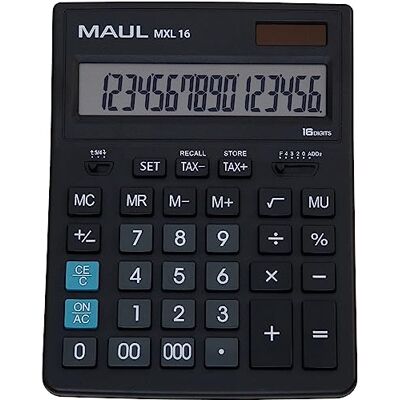MAUL Calculadora de Mesa MXL 16 Negra LCD 16 dígitos Solar batería lectura cómoda inclinada, teclas fáciles de limpiar, cálculo de IVA, corrección rápida, desconexión inteligente MAUL Calculadora de Mesa MXL 16 Negra LCD 16 dígitos Solar batería lectura cómoda inclinada, teclas fáciles de limpiar, cálculo de IVA, corrección rápida, desconexión inteligente
