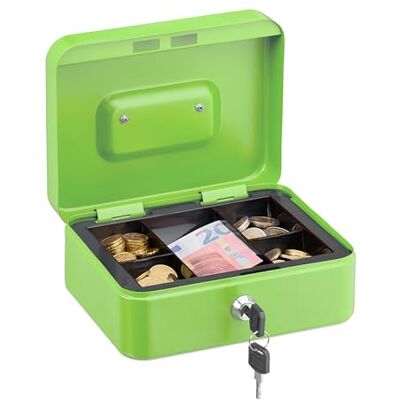 Relaxdays Caja de Dinero, Cerradura, Bandeja Extraíble, 5 Compartimentos, Cajita Hierro, 8,5 x 20 x 17 cm, Verde Relaxdays Caja de Dinero, Cerradura, Bandeja Extraíble, 5 Compartimentos, Cajita Hierro, 8,5 x 20 x 17 cm, Verde